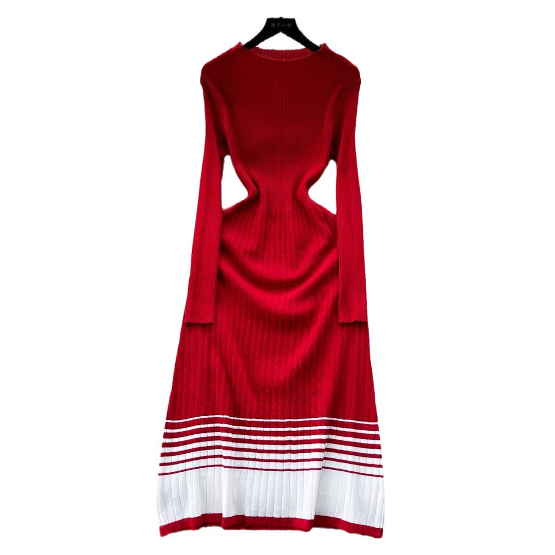 Damen Strickkleid mit hohem Kragen und raffiniertem Streifenmuster R&B