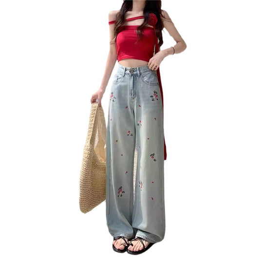 Damen Weite Jeanshose mit floralen Stickereien und hohem Bund R&B