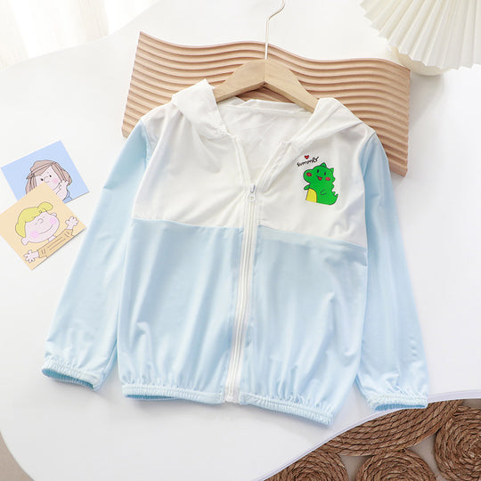 Unisex nan leichte Kinder-Softshelljacke mit Kapuze, Reißverschluss und niedlichem Dino-Print  R&B