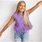 Damen Elegantes Top mit Federn und Rundhalsausschnitt R&B
