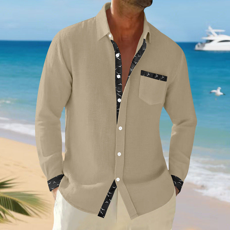 Herren langärmliges Casual-Hemd mit modischem Kragen und Brusttasche R&B