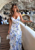 Damen Fließendes Chiffon Maxikleid mit Rüschendetails und floralen Akzenten EB