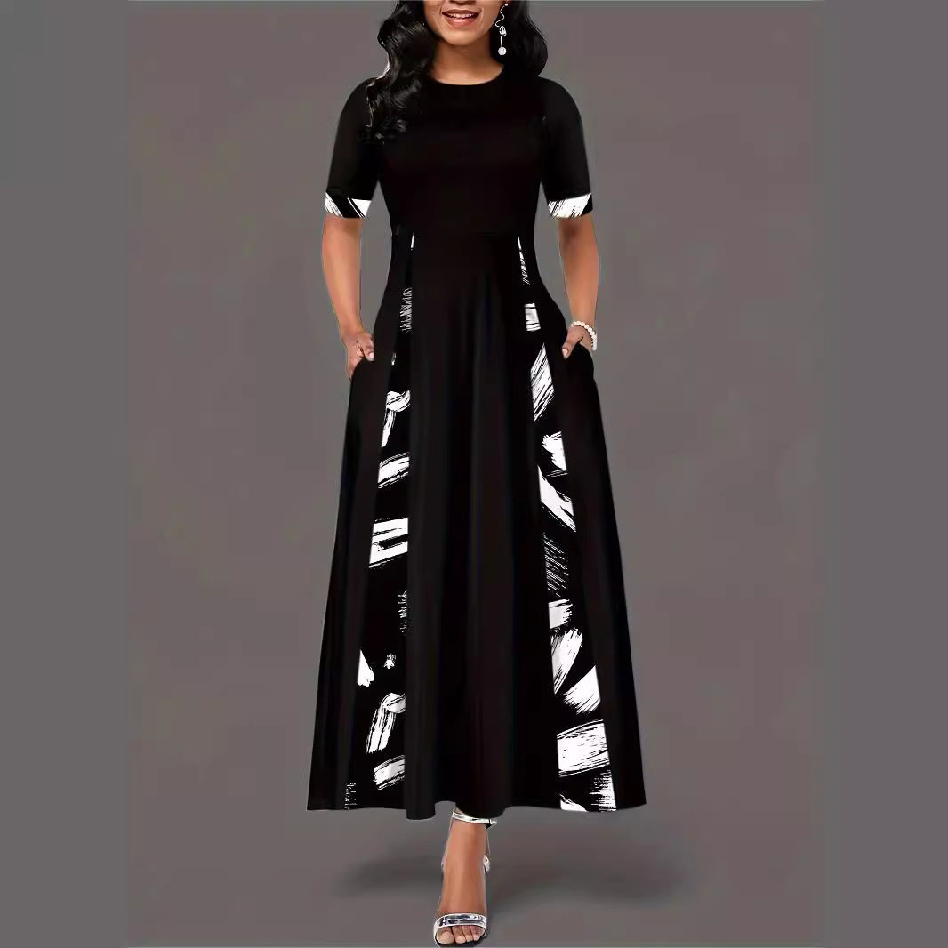 Damen elegantes Maxikleid mit modischem Pinselstrich-Muster und praktischen Taschen R&B