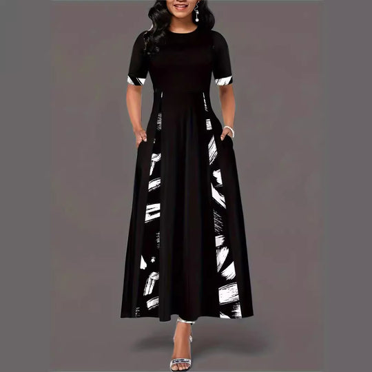 Damen elegantes Maxikleid mit modischem Pinselstrich-Muster und praktischen Taschen R&B