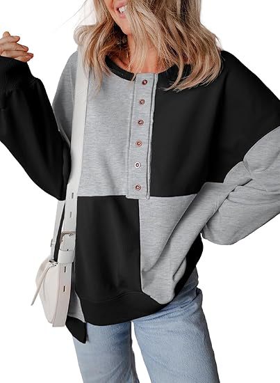 Damen lässiger Kapuzenpullover mit Knopfdetails und Farbblockdesign R&B