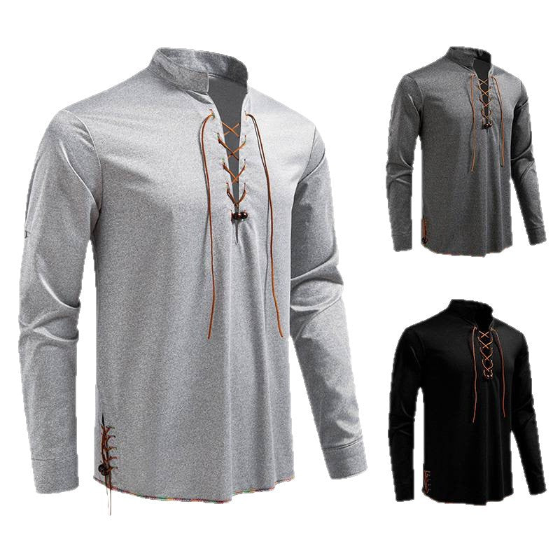 Herren Langarmshirt mit Kordelzug und Stehkragen R&B