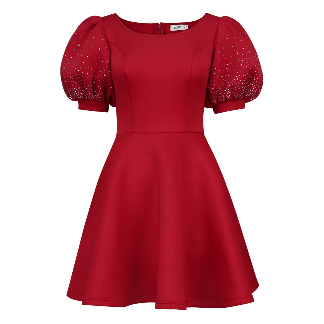 Damen A-Linien Kleid mit glamourösen Puffärmeln und Perlenapplikationen R&B