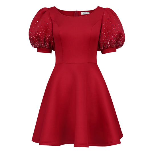 Damen Cocktailkleid mit voluminösen Puffärmeln und schimmernden Akzenten R&B
