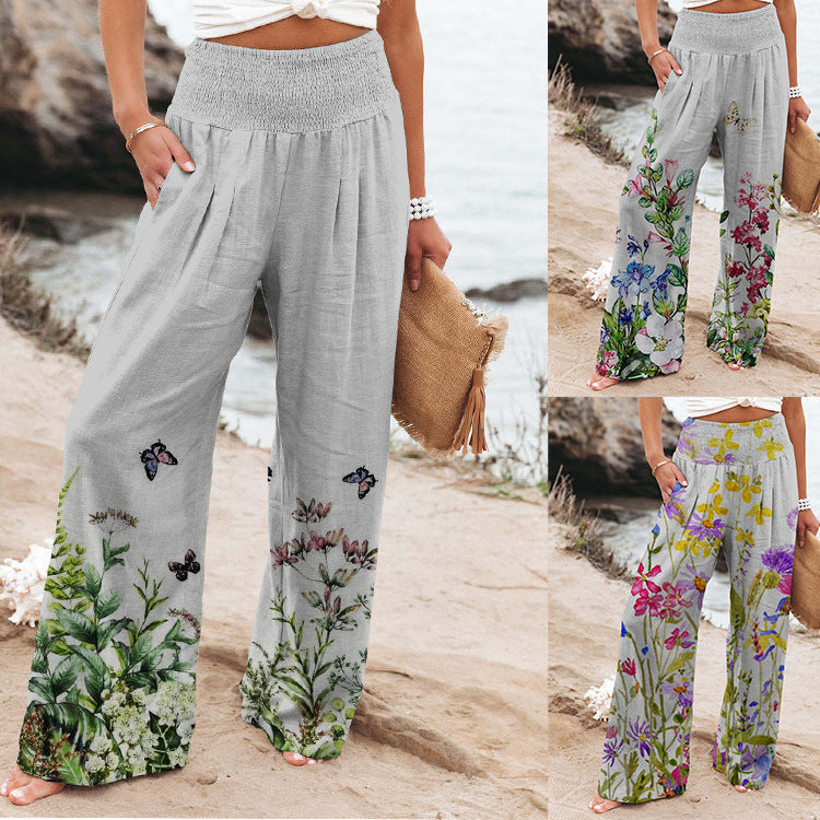 Damen weite Floral-Hose mit elastischem Bund und seitlichen Taschen R&B