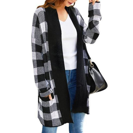 Damen Langarm Strickjacke mit kariertem Muster und offenem Design R&B