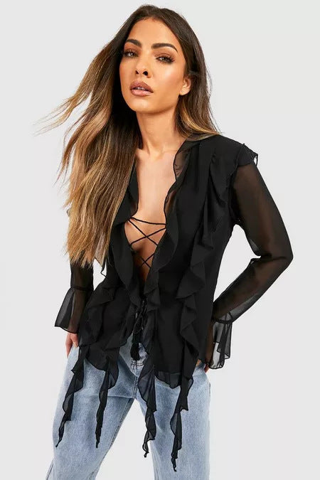 Damen Rüschenshirt mit eleganten Schnürdetails und transparenten Ärmeln R&B