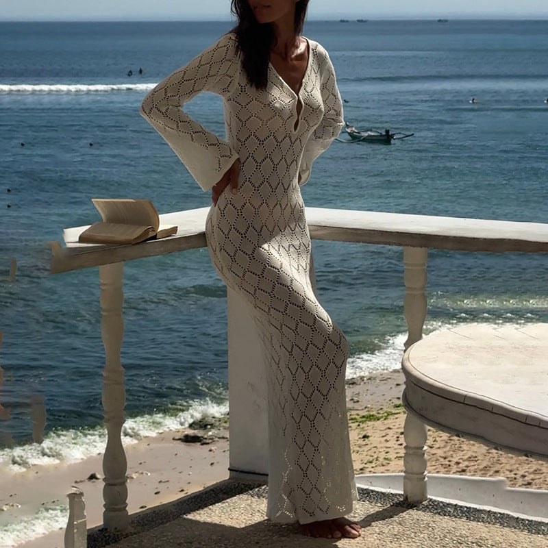 Damen gehäkeltes Maxi-Kleid mit tiefem V-Ausschnitt und weitem Ärmel R&B