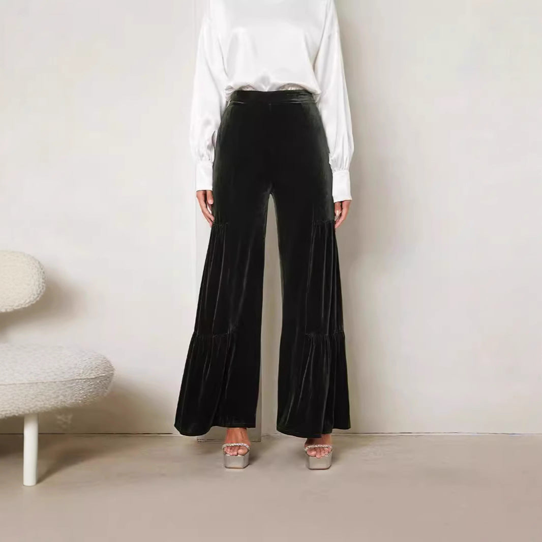 Damen Elegante Samt-Hosen mit Weitem Bein und Hohem Bund R&B