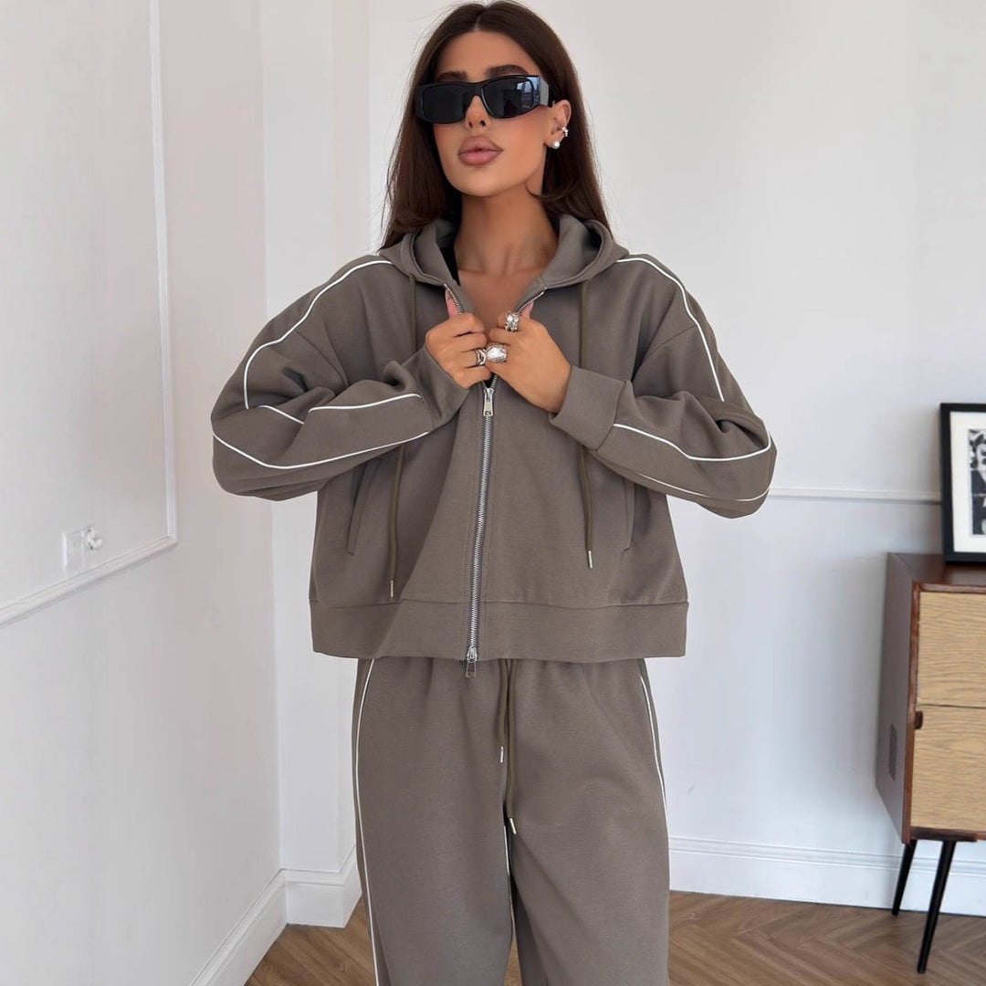 Damen sportliches Freizeit-Set aus trendigem Hoodie und weitem Stoffhose R&B