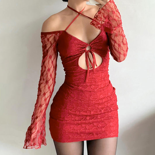 Damen locker sitzendes Minikleid mit transparenten Ärmeln und rüschendetails R&B