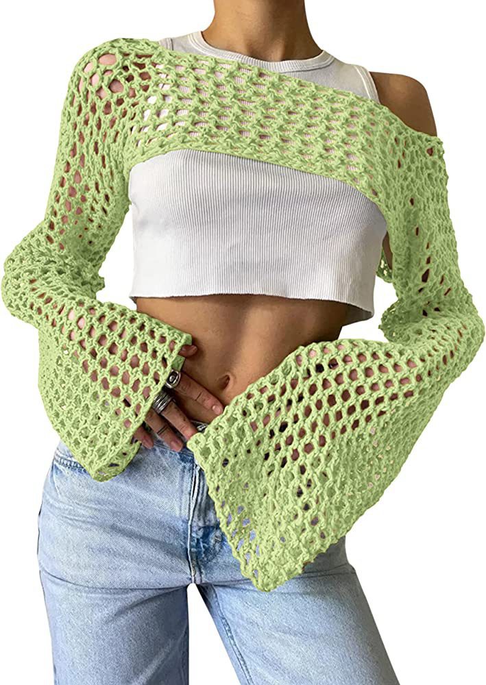 Damen gehäkeltes Langarm-Top mit Off-Shoulder-Design R&B
