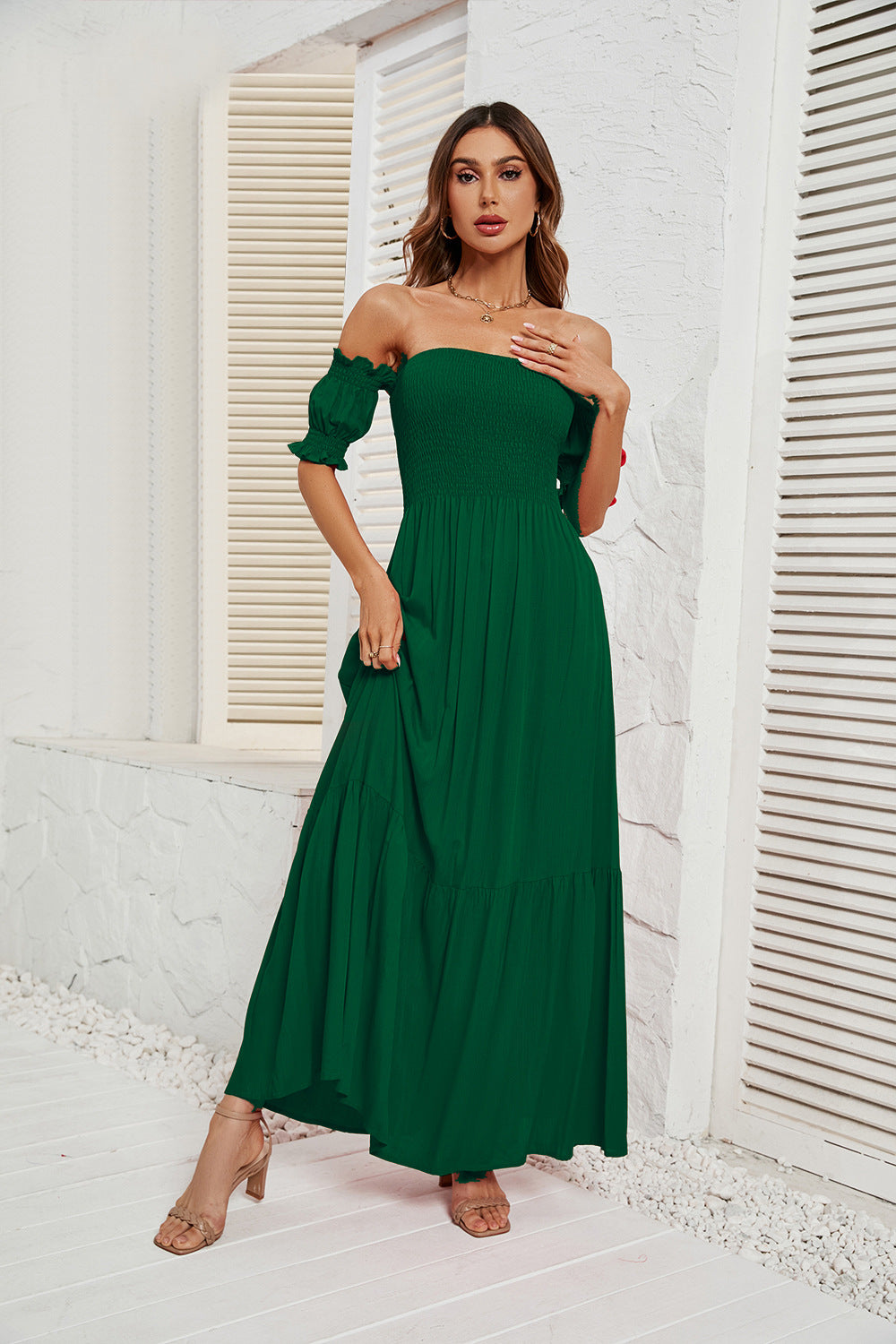 Damen Maxikleid mit schulterfreiem Schnitt und romantischen Puffärmeln R&B