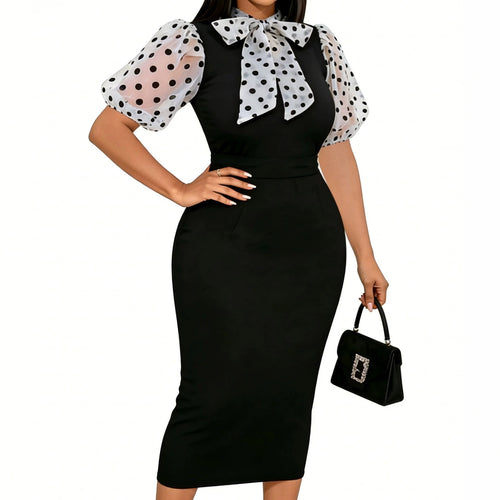 Damen figurbetontes Midi-Kleid mit transparenten Puffärmeln und Schleifenkragen R&B