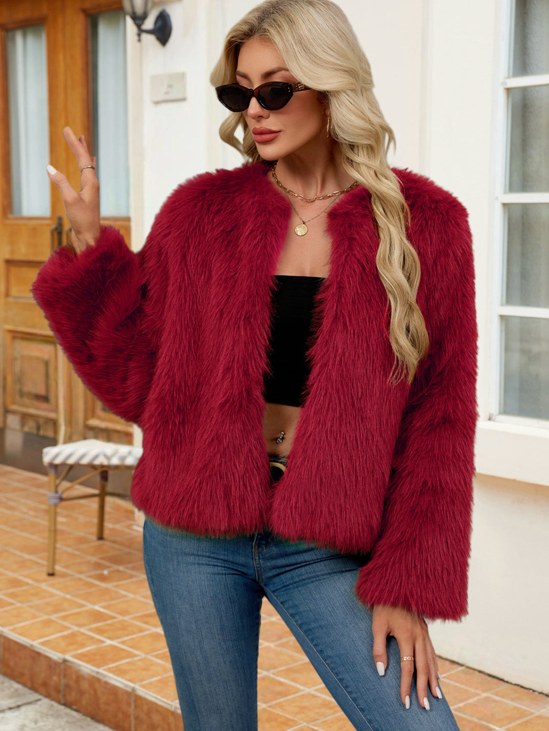 Damen Flauschige Kurzjacke aus Kunstfell mit lockerer Passform R&B