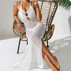 Damen eleganter, gehäkelter Strandüberwurf mit tiefem Schlitz R&B