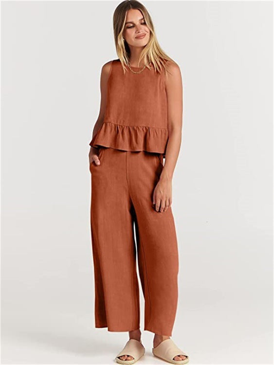 Damen luftiges Zweiteiler-Set mit schickem Peplum-Top und weitem Hose R&B