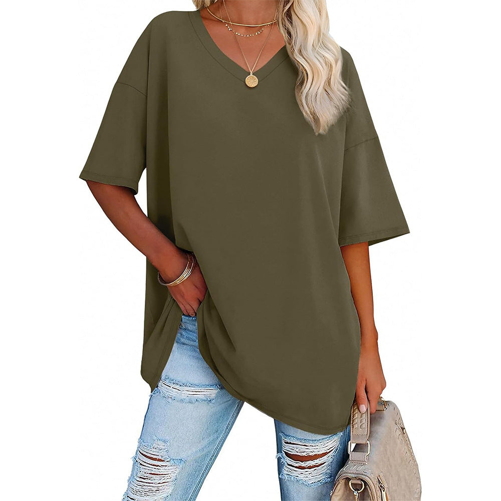 Damen Oversized T-Shirt mit V-Ausschnitt und seitlichen Schlitzen R&B