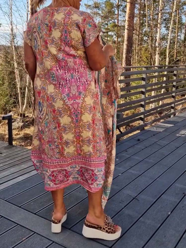 Damen Kaftan-Kleid mit koordiniertem Schal und seitlichen Taschen Heidi-Mode