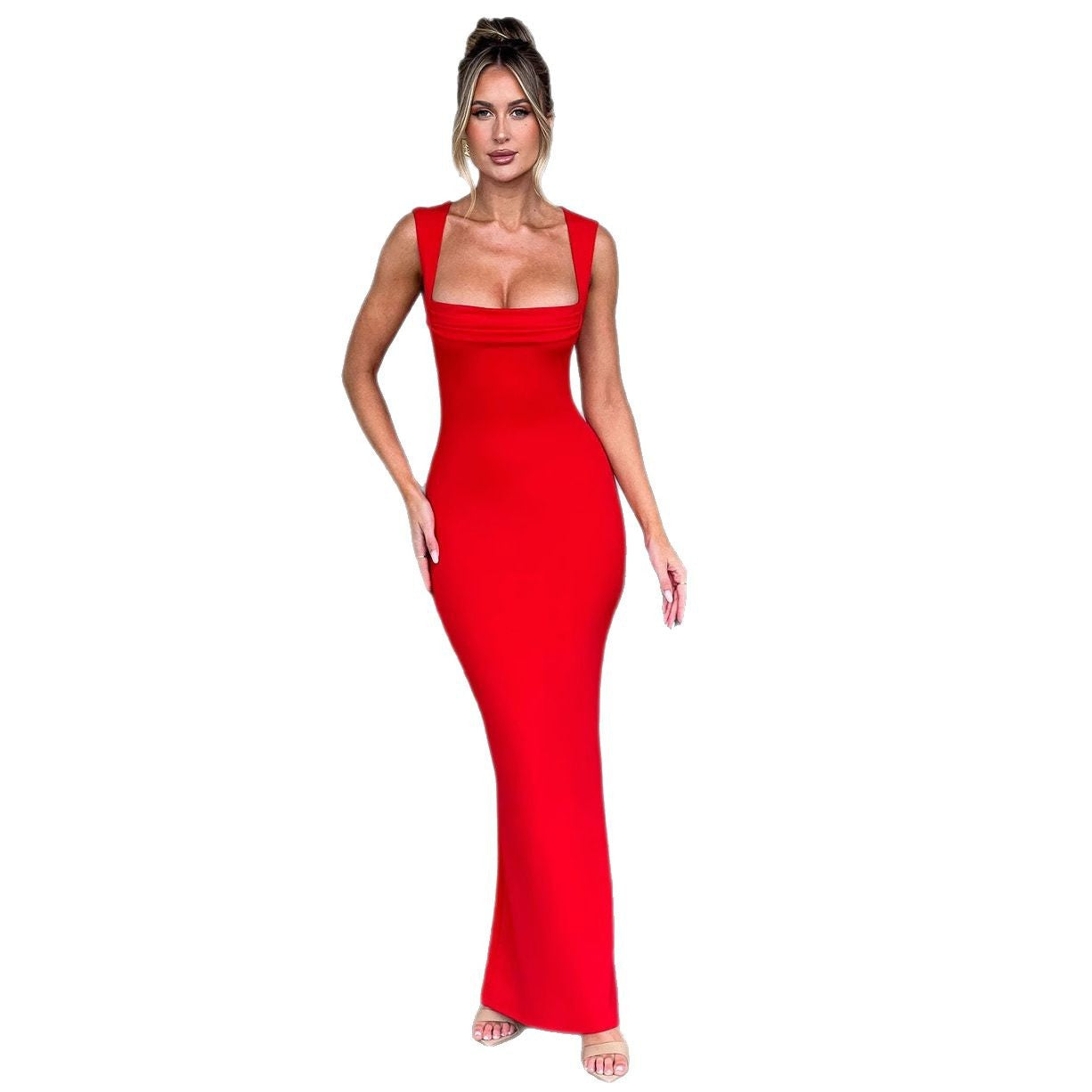 Damen Figurbetontes Maxikleid mit schmalen Trägern und elegantem V-Ausschnitt R&B