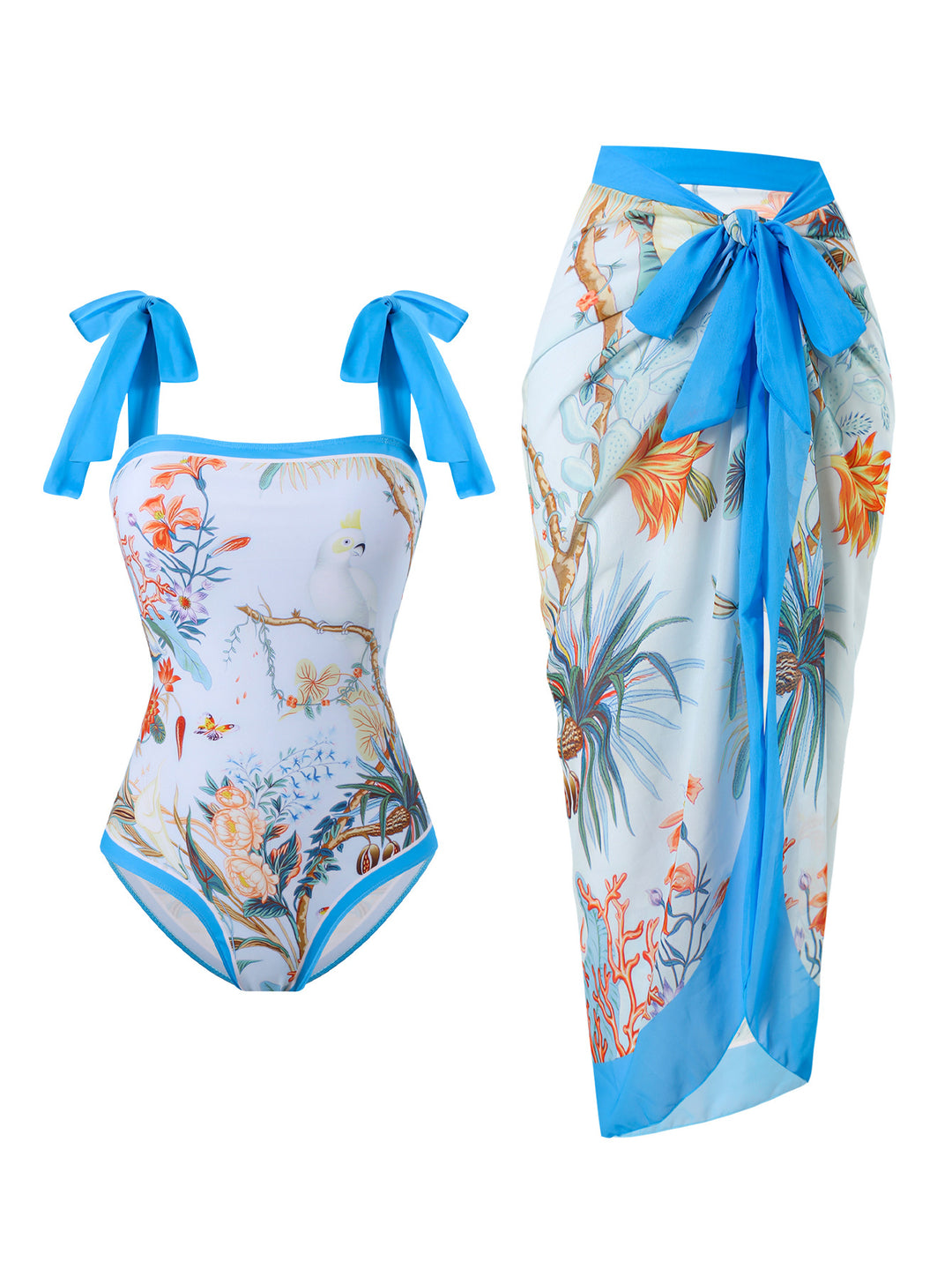Damen Badeanzug mit floralem Design und transparentem Wickelrock R&B