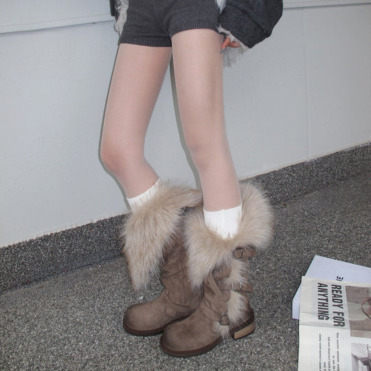 Damen elegante Winterstiefel mit modischem Kunstfellrand und praktischen Schnallen R&B