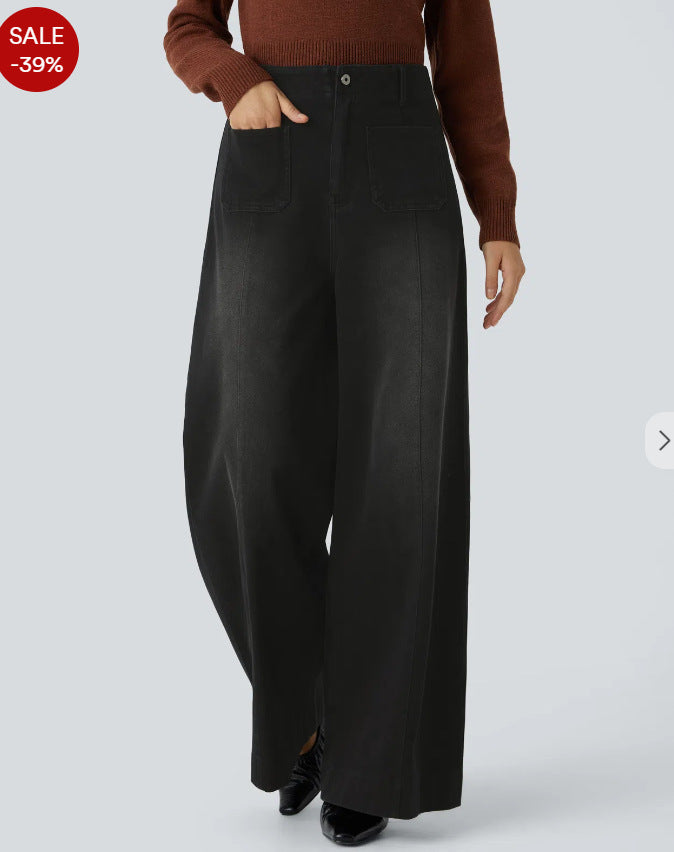 Damen Weitgeschnittene Denim-Hose mit hohen Bund und großen Taschen R&B