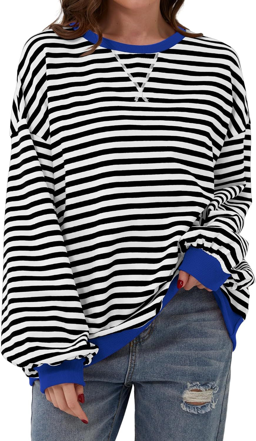 Damen lässiger Oversized Sweatshirt mit bunten Streifen und Kapuzenkordel R&B