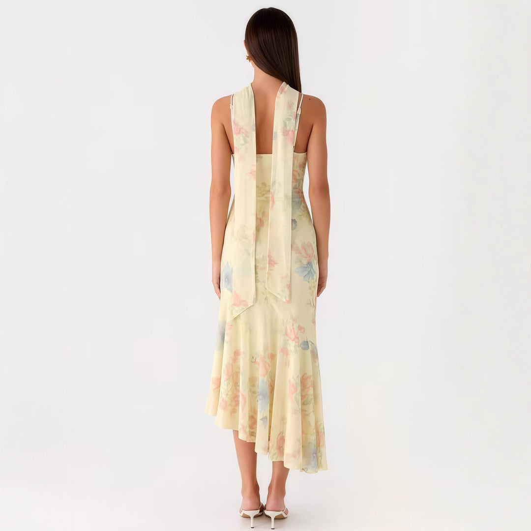 Damen Elegantes Maxikleid mit blumigem Chiffon-Design und Neckholder-Ausschnitt R&B
