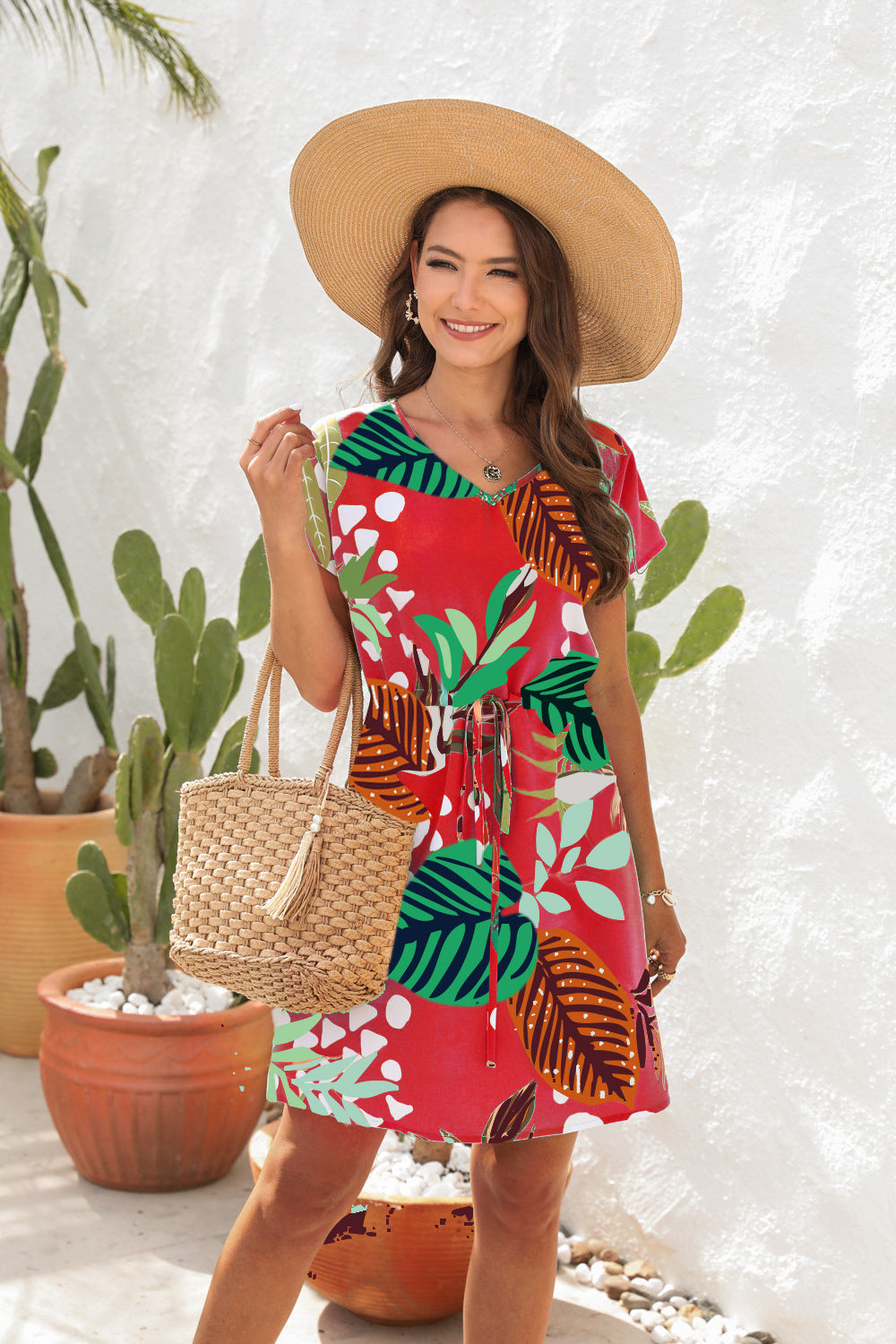 Damen Sommerliches Freizeitkleid mit floralem Muster und Taillengürtel R&B