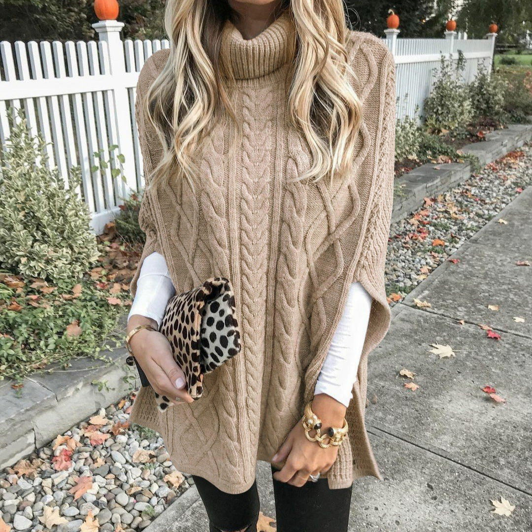 Damen Kuschelponcho mit hohem Kragen und Zopfmuster R&B