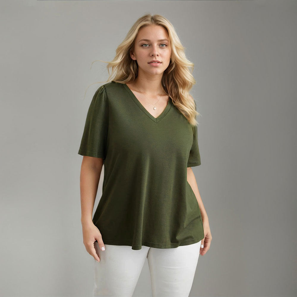 Damen Lässiges V-Ausschnitt T-Shirt mit Seitentaschen und weichem Material R&B