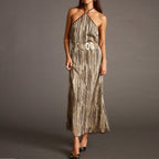 Damen Elegantes Maxikleid mit schimmerndem Streifenmuster und RückenbindR&Band R&B