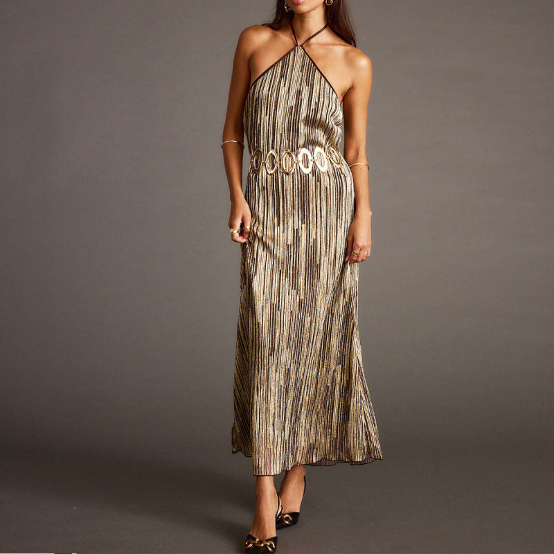 Damen Elegantes Maxikleid mit schimmerndem Streifenmuster und RückenbindR&Band R&B