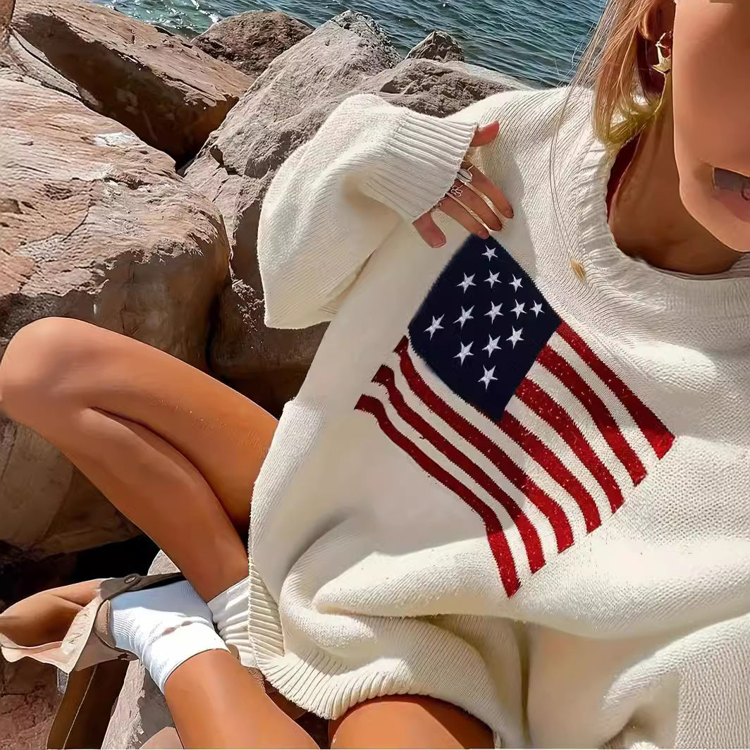 Damen Strickpullover mit amerikanischem Flaggenmotiv R&B