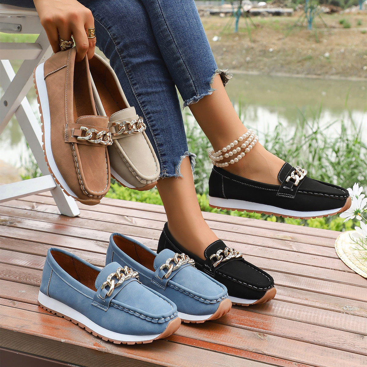 Damen Mokassins mit modischem Ketten-Design und rutschfester Sohle R&B