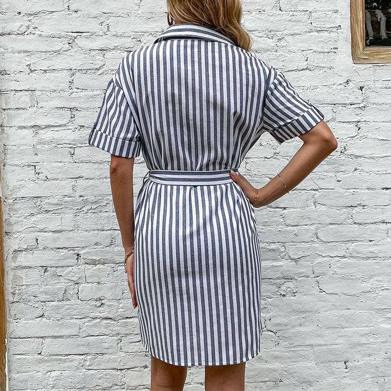 Damen Hemdblusenkleid mit Taillengürtel und klassischen Streifen R&B