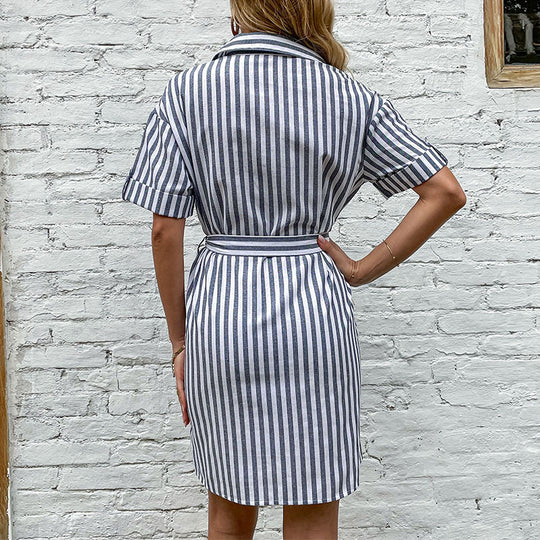 Damen Hemdblusenkleid mit Taillengürtel und klassischen Streifen R&B