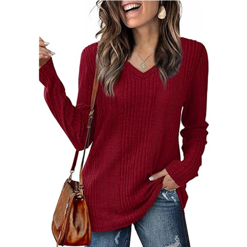 Damen modischer V-Ausschnitt Pullover mit Rippstruktur R&B
