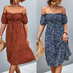 Damen Off-Shoulder Freizeitkleid mit eleganten Puffärmeln und floralen Mustern R&B