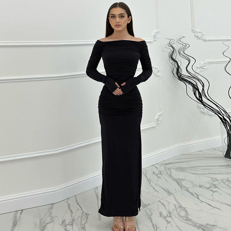 Damen figurbetontes Maxikleid mit Raffungen und elegantem Schlitz R&B