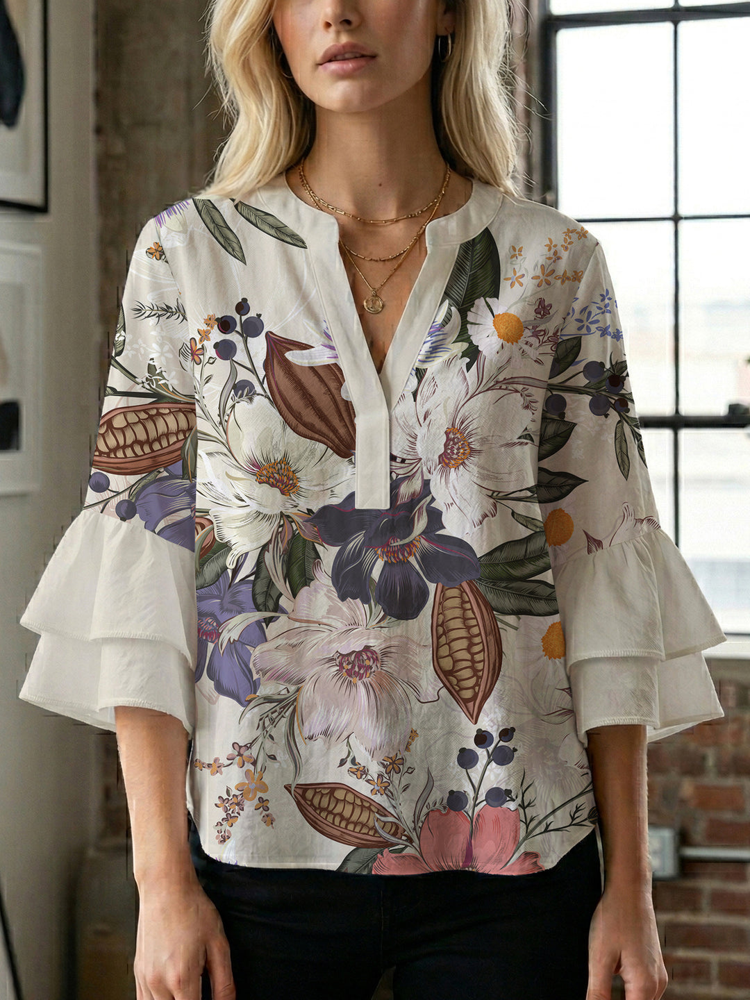 Damen Elegantes Oberteil mit voluminösen Rüchenärmeln und floralem Druck R&B