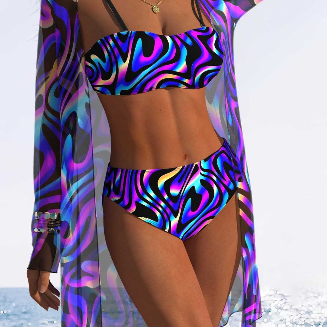 Damen Bikini-Set mit modernem abstraktem Muster und transparentem Überwurf R&B
