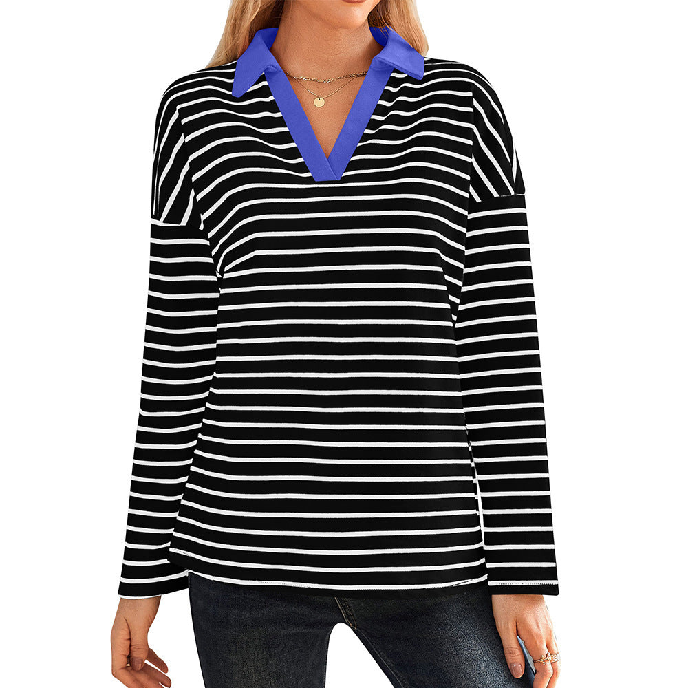 Damen gestreiftes Polo-Shirt mit V-Ausschnitt und kontrastierendem Kragen R&B