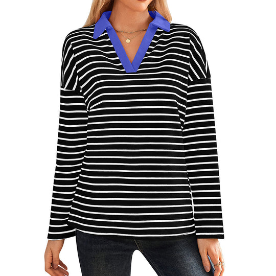 Damen gestreiftes Polo-Shirt mit V-Ausschnitt und kontrastierendem Kragen R&B