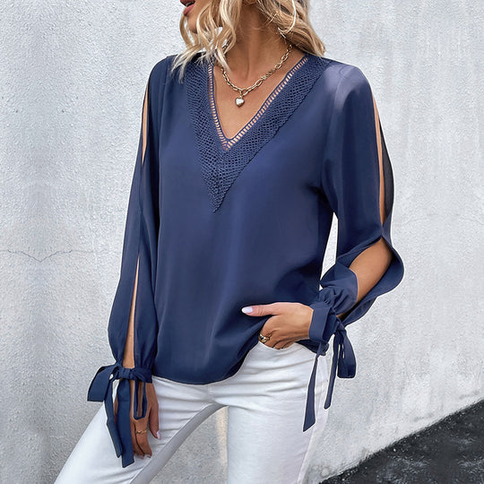 Damen elegante Bluse mit femininen Cut-Out-Ärmeln und Spitzenvorderseite R&B